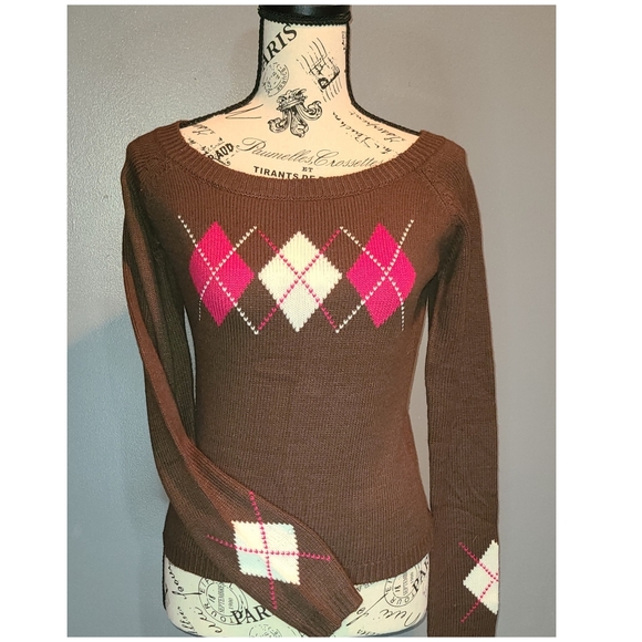 Energie Sweaters - Energie Brown Argyle Long Sleeve Sweater